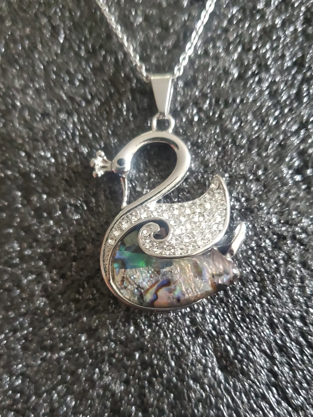 Abalone Shell Crystal Swan Queen Pendant Necklace in Polished Stainless Steel